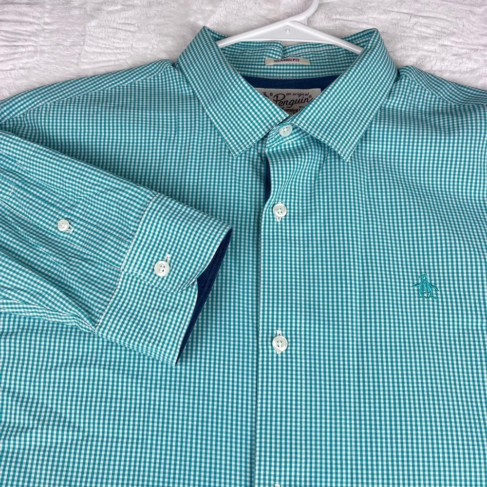 Original Penguin Classic Fit Shirt Men's XL Green Gingham Button Down Logo